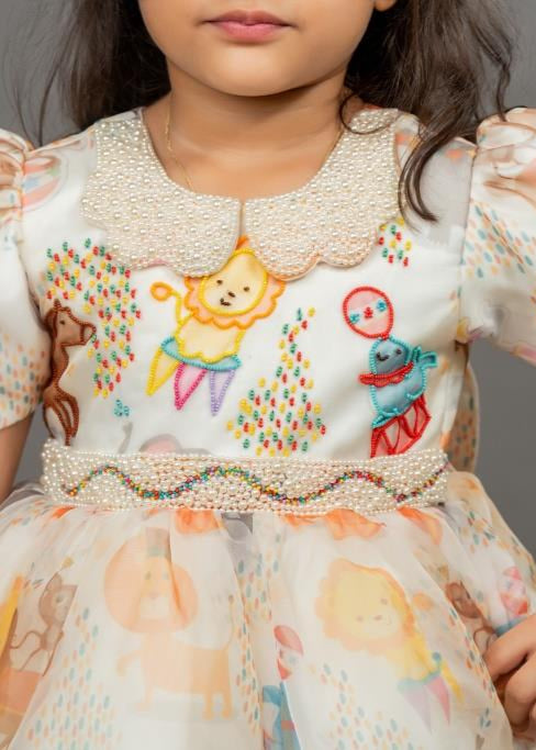 Cream Circus Themed Animal Printed Puff Sleeves Dress