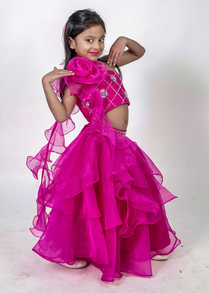 Pink Organza With Crystal And Flower Work Swirl Dupatta Lehenga Set