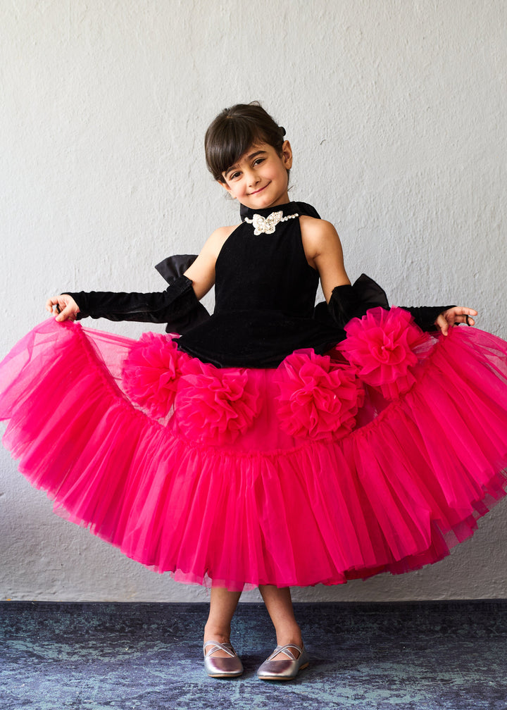 Black And Fuschia Layered Tulle Party Gown