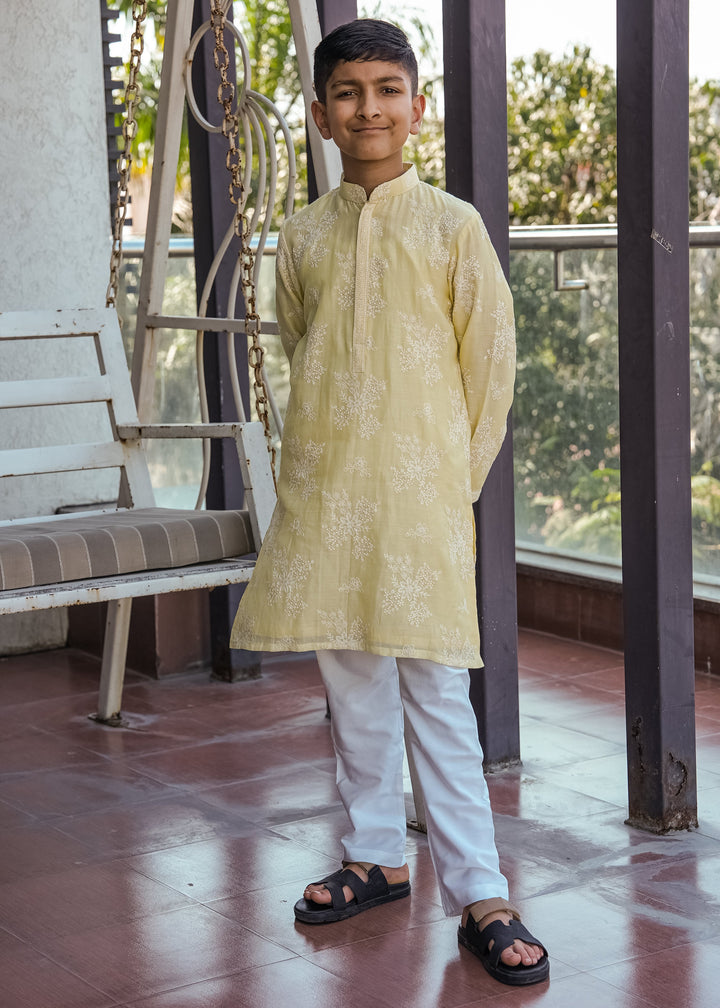 Lemon Yellow Pure Chanderi Floral Kurta With Pant Set