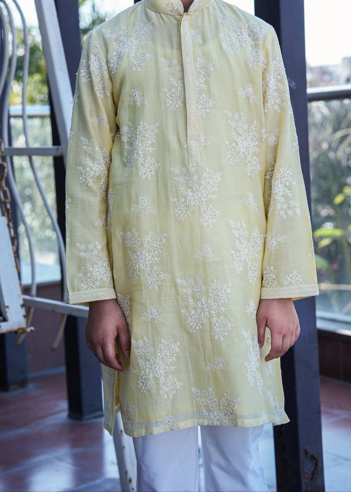 Lemon Yellow Pure Chanderi Floral Kurta With Pant Set