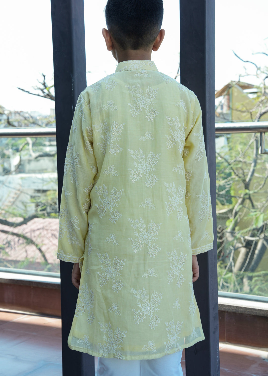 Lemon Yellow Pure Chanderi Floral Kurta With Pant Set