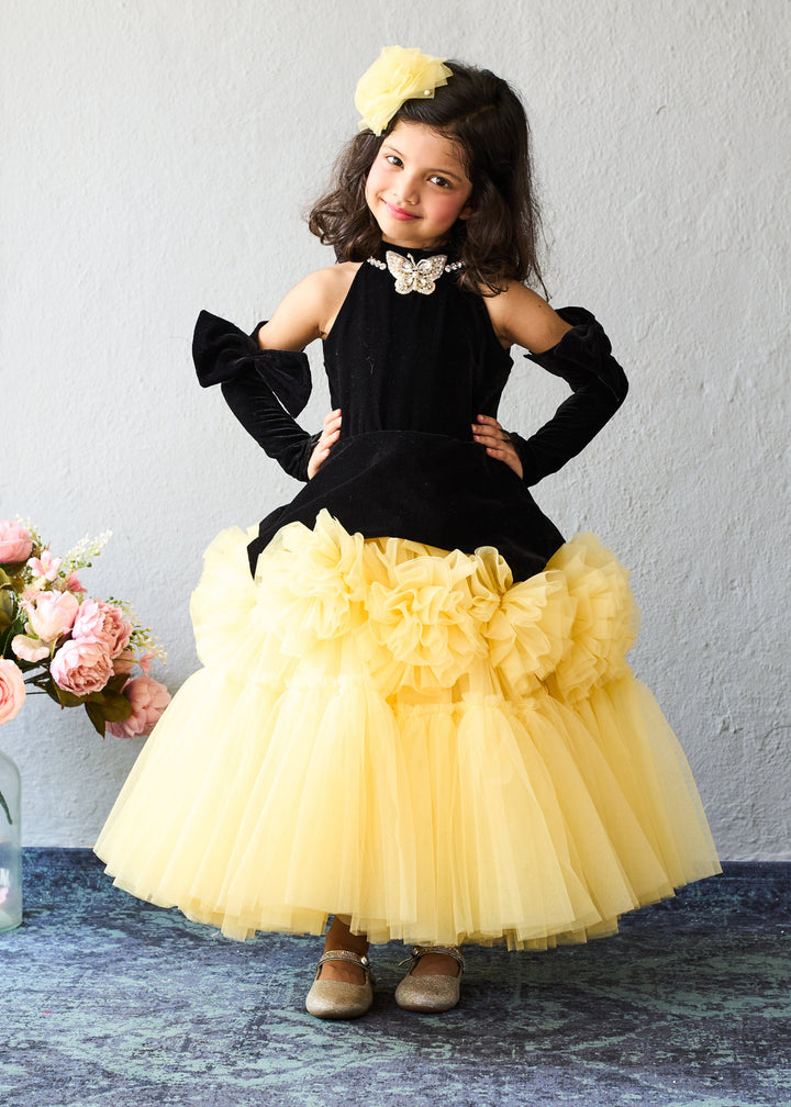 Black And Yellow Layered Tulle Party Gown