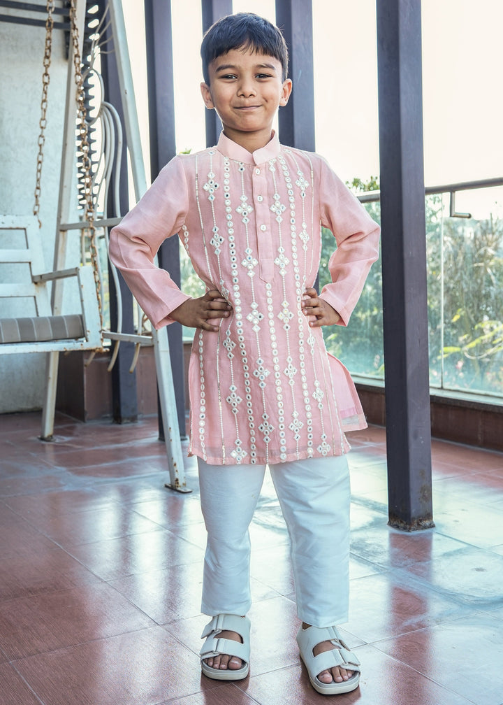 Peach Chanderi Pure Mul Kurta With Cotton Silk Off White Pant Set