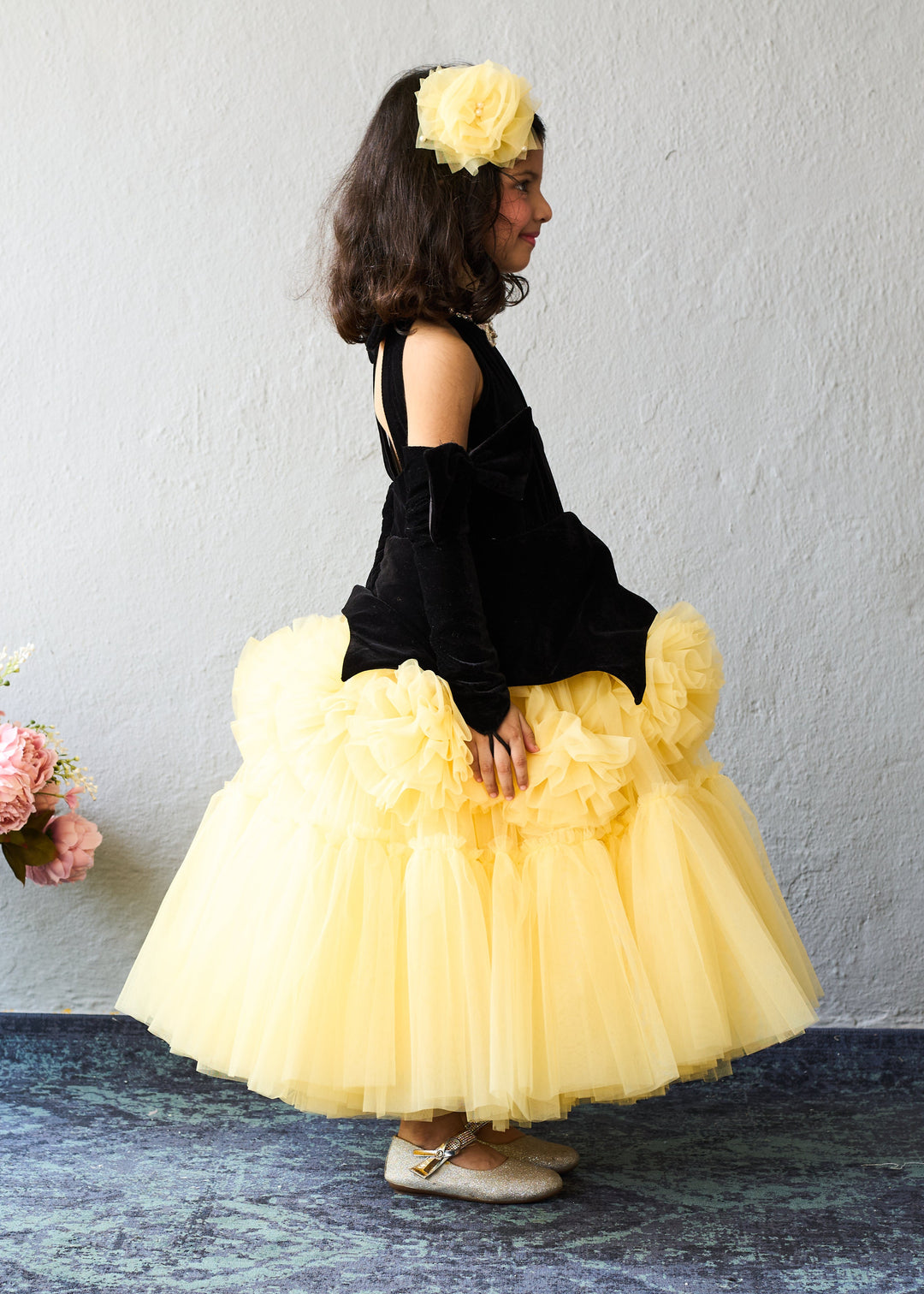 Black And Yellow Layered Tulle Party Gown