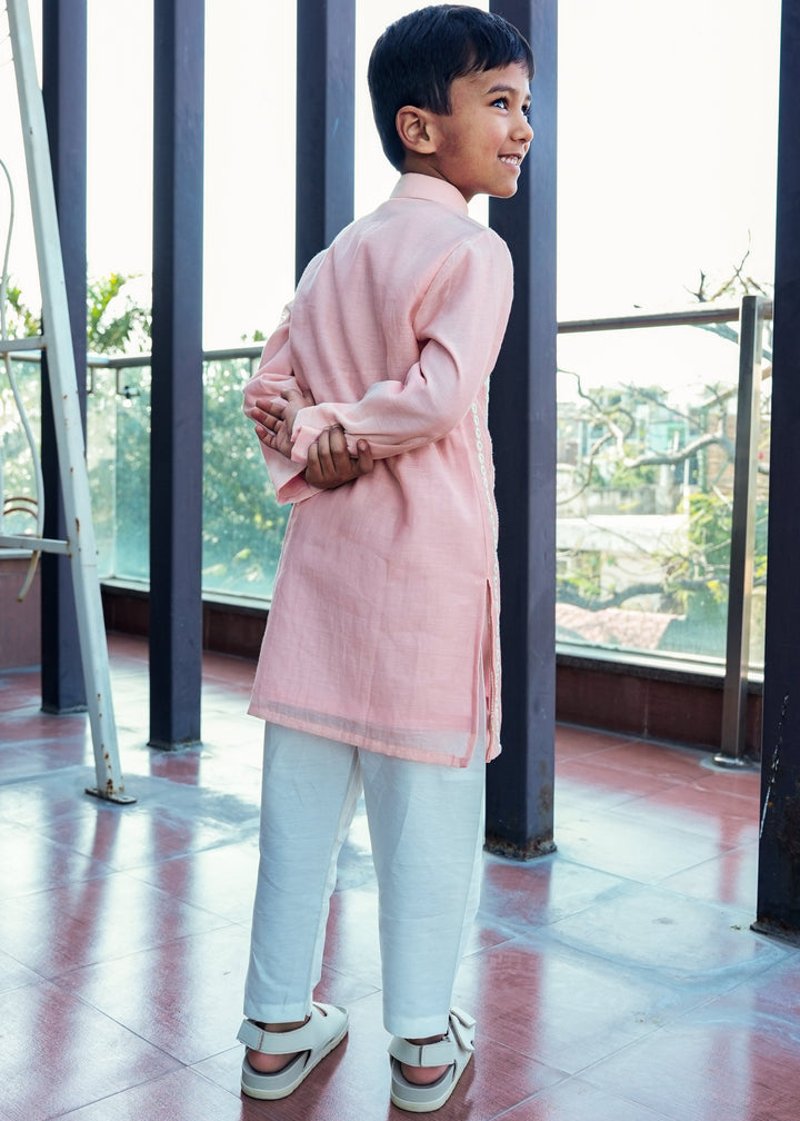 Peach Chanderi Pure Mul Kurta With Cotton Silk Off White Pant Set