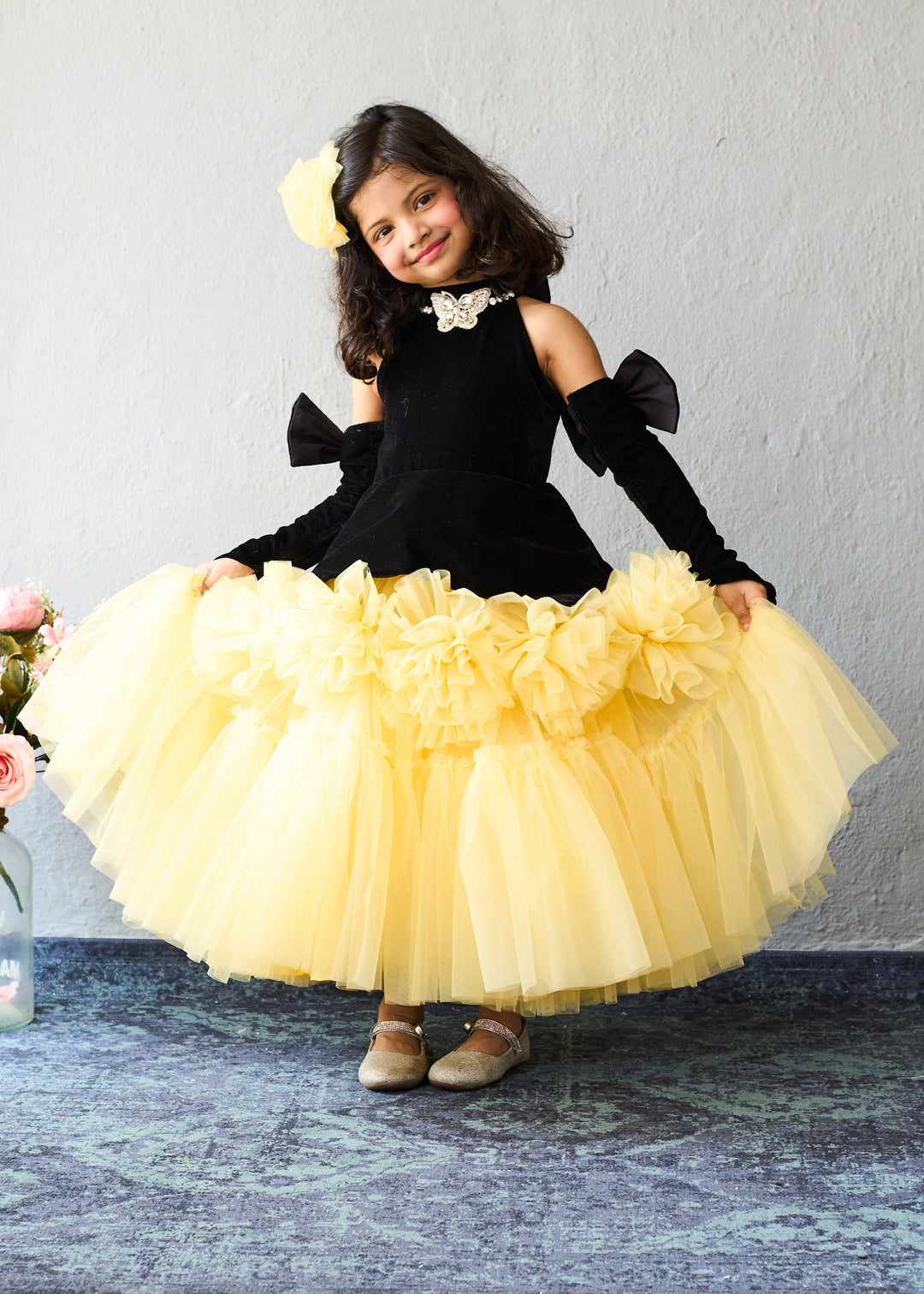 Black And Yellow Layered Tulle Party Gown