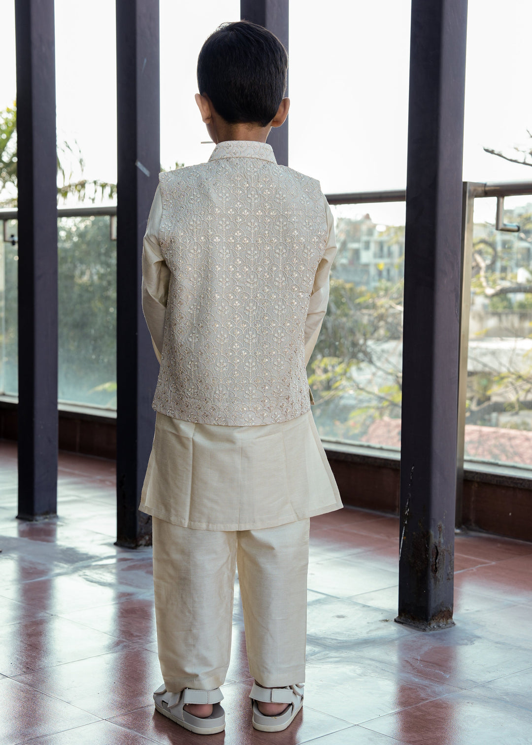 Beige Cotton Silk Flower Zari Embroidery Jacket With Kurta Pyjama Set