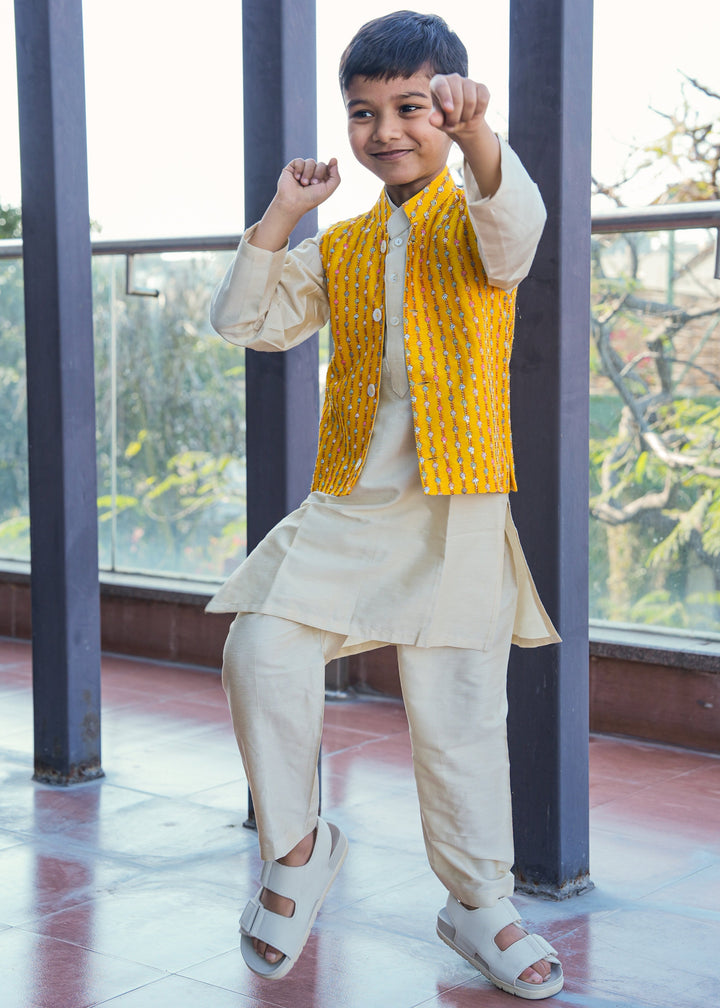 Dark Yellow Cotton Silk Embroidered Jacket With Kurta Pant Set
