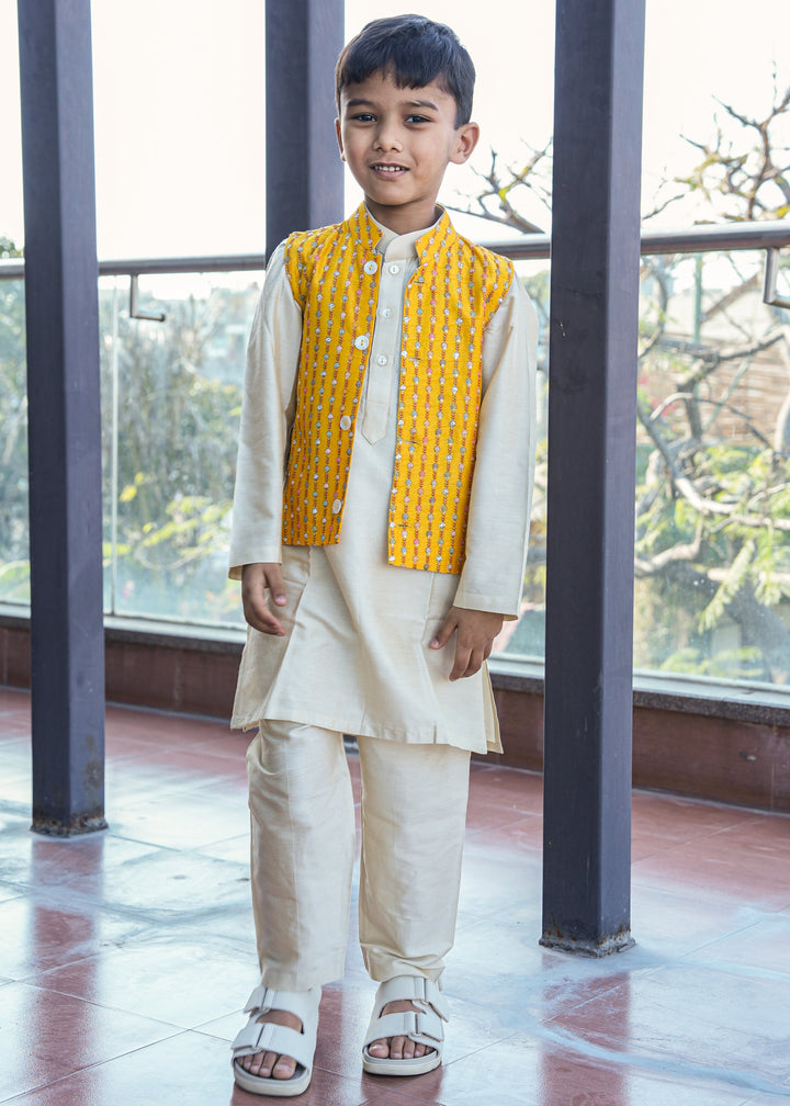 Dark Yellow Cotton Silk Embroidered Jacket With Kurta Pant Set