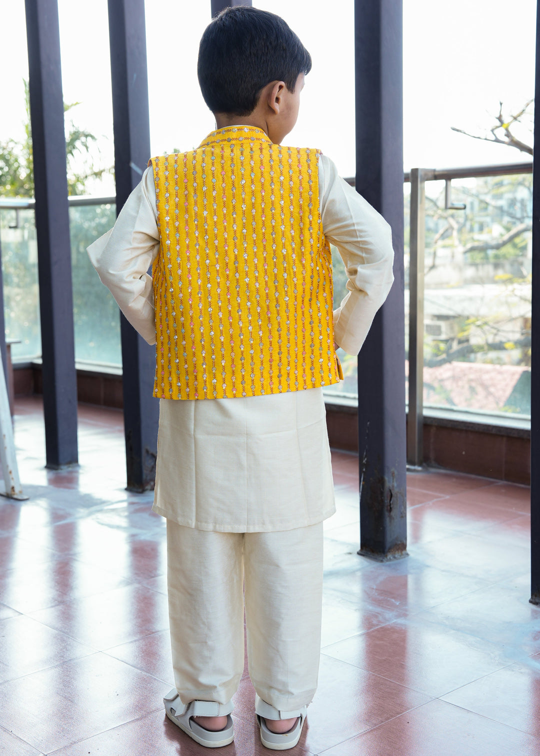 Dark Yellow Cotton Silk Embroidered Jacket With Kurta Pant Set