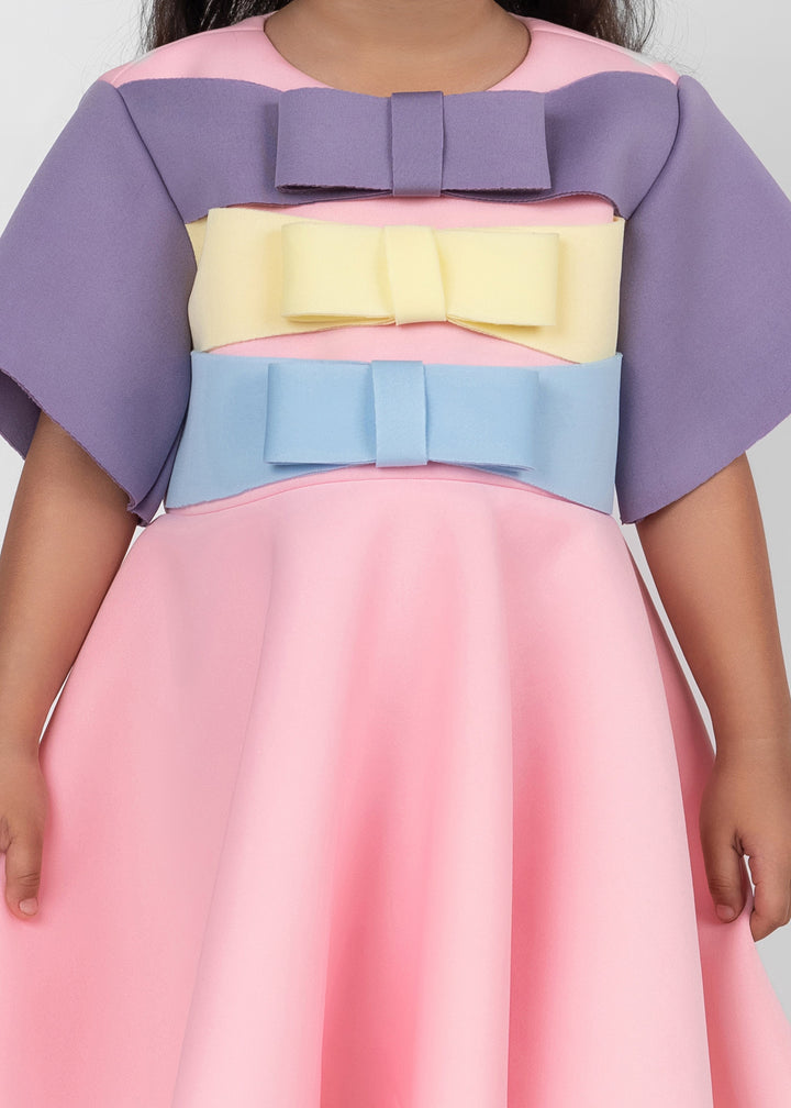 Baby Pink Elegant Three Bow Detailing Neoprene Dress