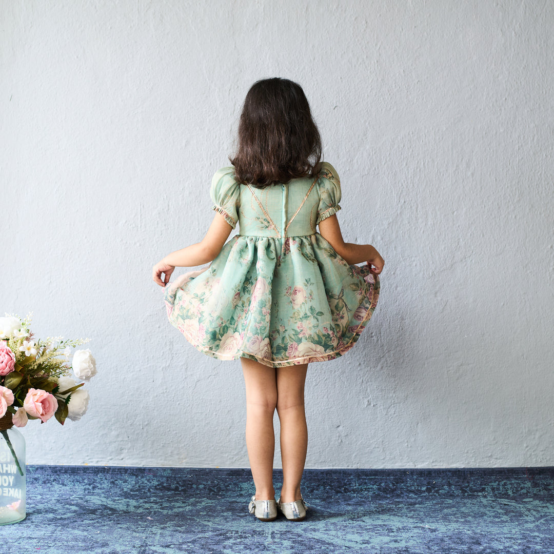 Pastel Green Floral Printed With Flared Design Frock