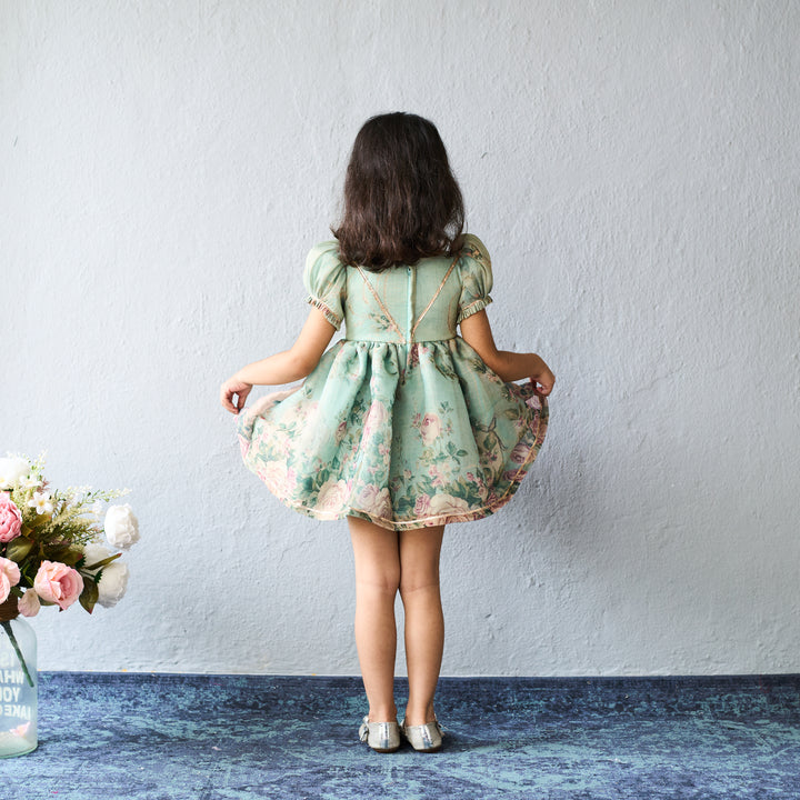 Pastel Green Floral Printed With Flared Design Frock