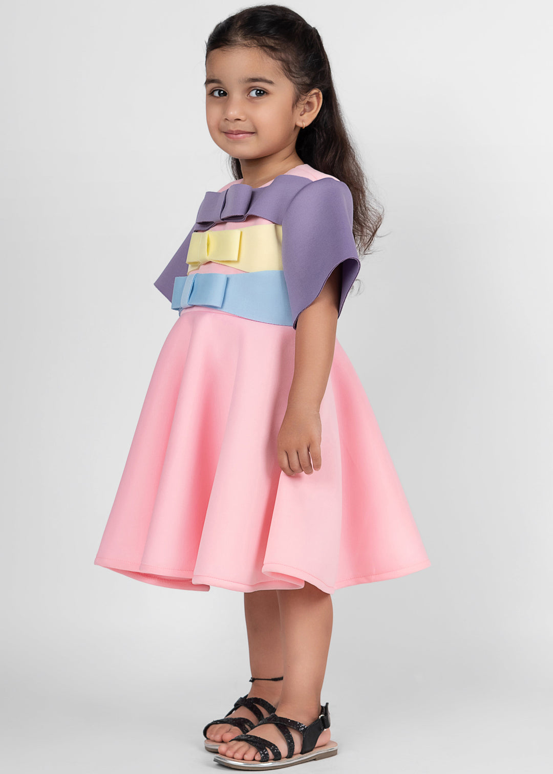 Baby Pink Elegant Three Bow Detailing Neoprene Dress
