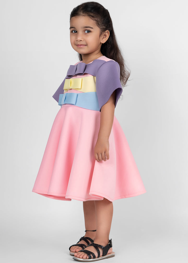 Baby Pink Elegant Three Bow Detailing Neoprene Dress