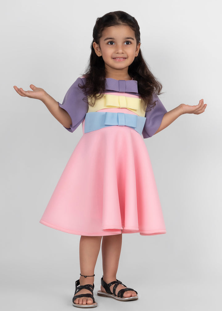 Baby Pink Elegant Three Bow Detailing Neoprene Dress