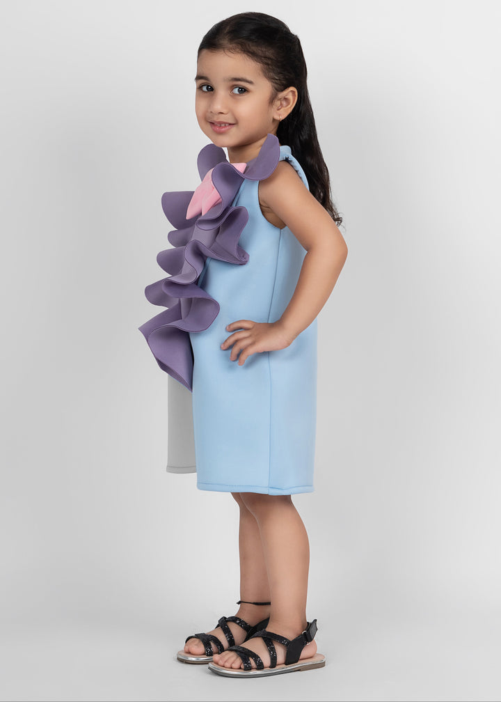 Multicolor Bow Detailing Ruffle Neoprene Straight Dress