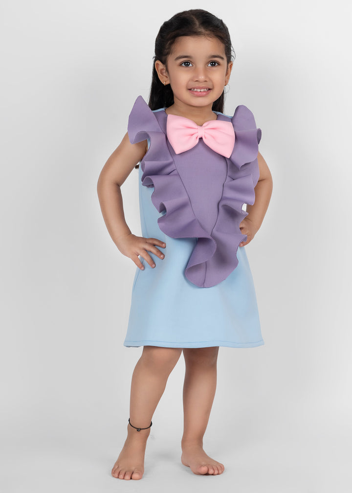 Multicolor Bow Detailing Ruffle Neoprene Straight Dress