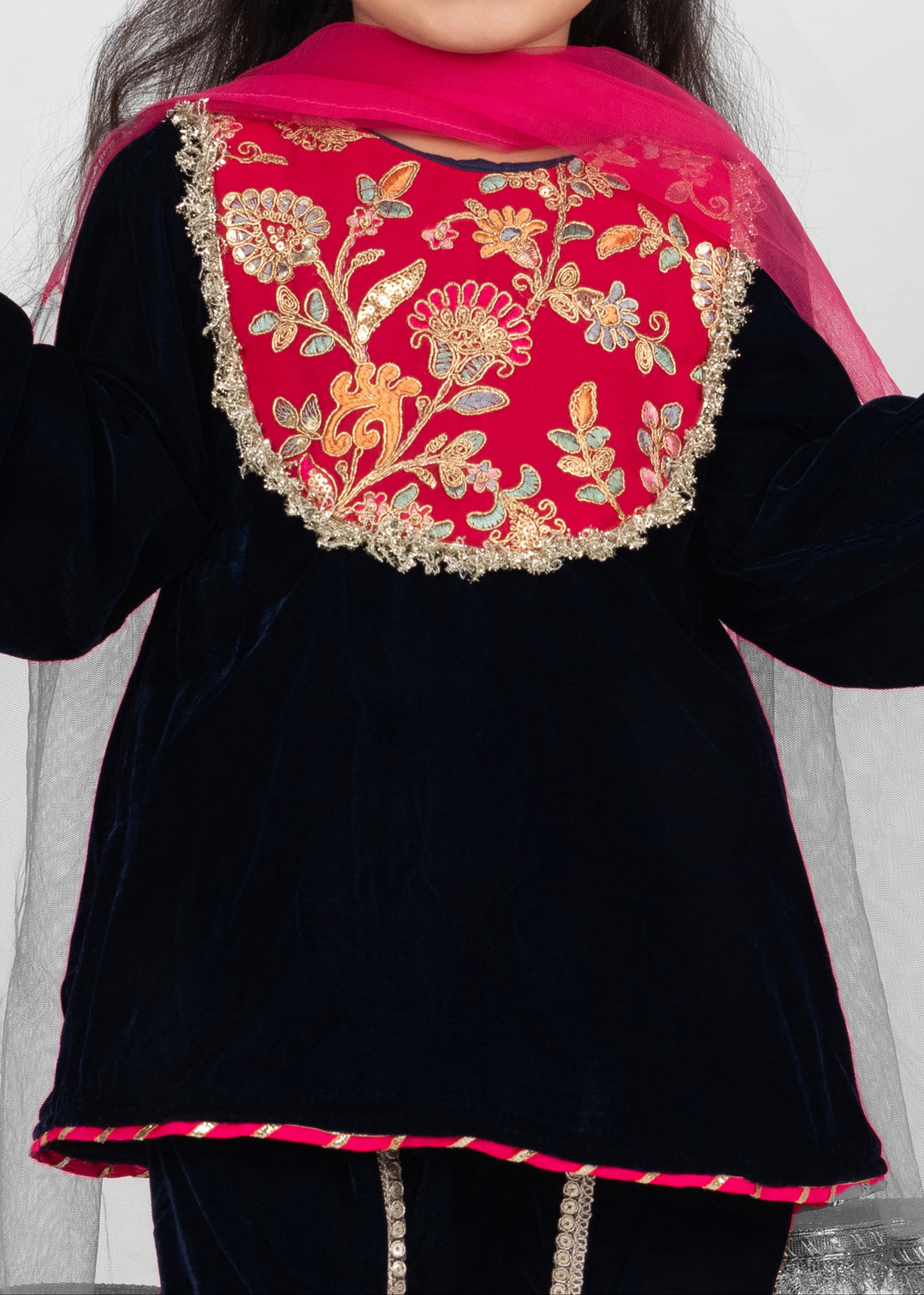 Navy Blue Velvet Embroidered Kurta Dhoti With Dupatta Set