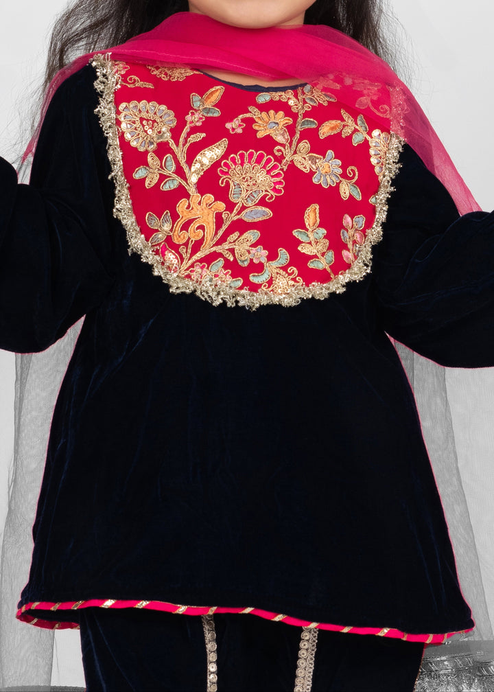 Navy Blue Velvet Embroidered Kurta Dhoti With Dupatta Set