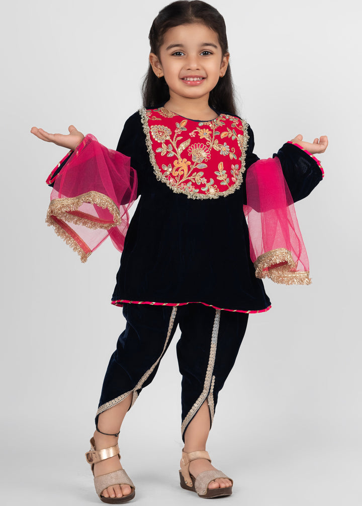 Navy Blue Velvet Embroidered Kurta Dhoti With Dupatta Set