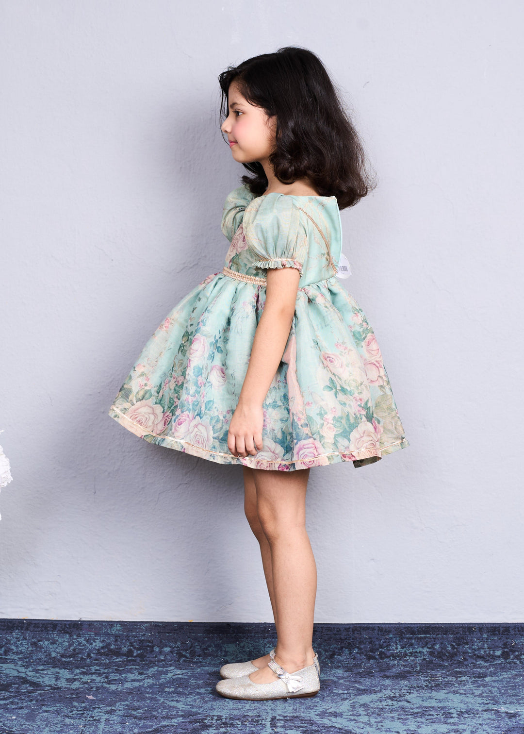 Pastel Green Floral Printed With Flared Design Frock