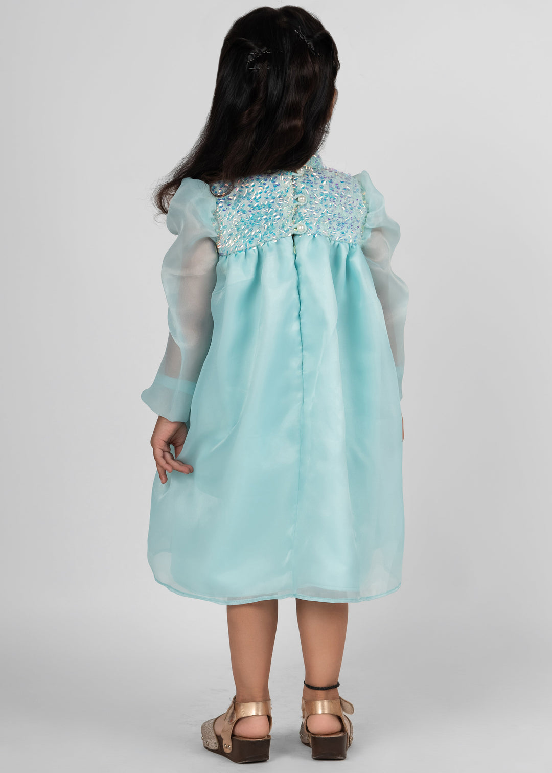 Sea green Organza Sequence Puff Sleeves Dress