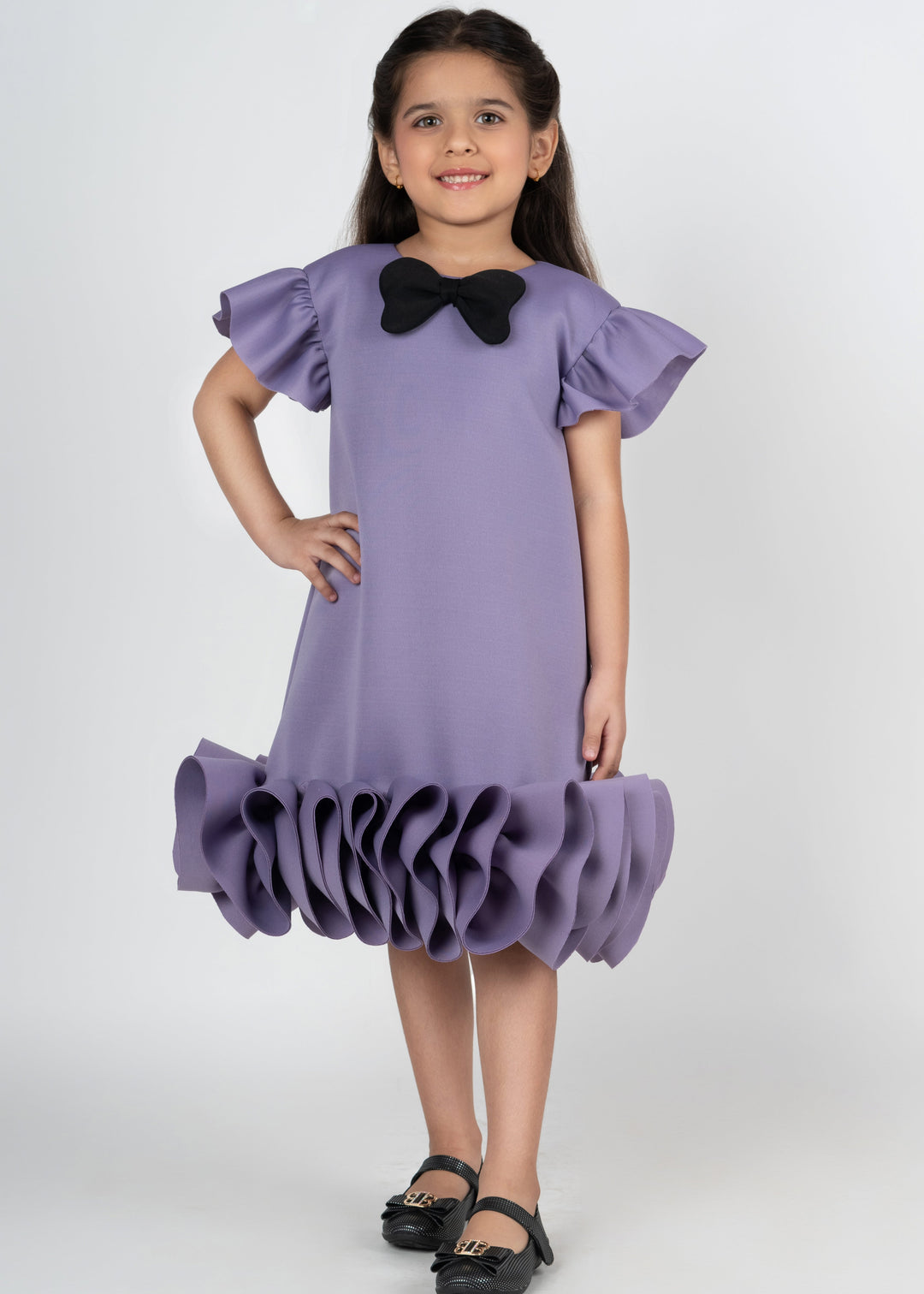 Mauve Bow Ruffle Detailing Neoprene Straight Dress
