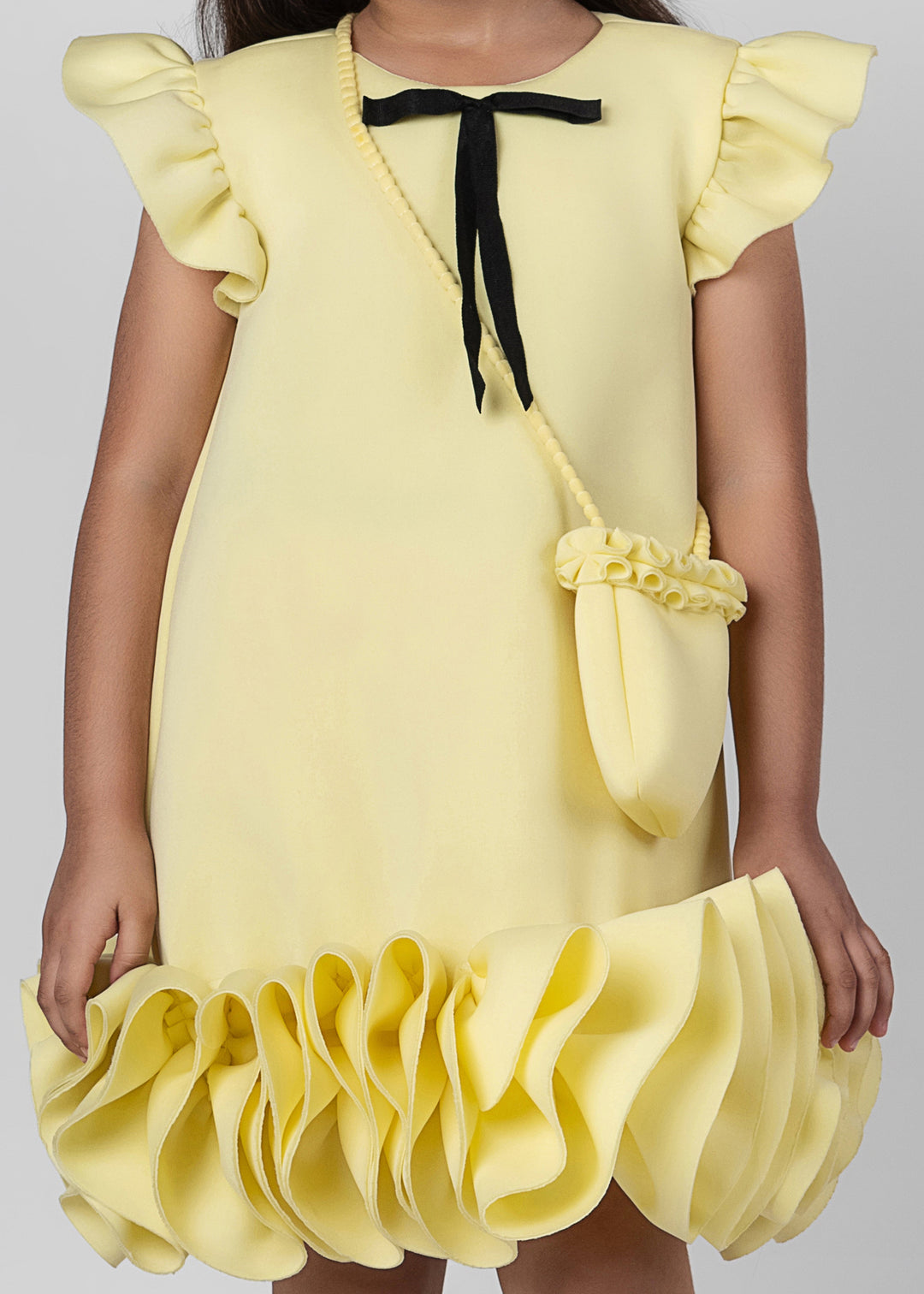 Yellow Bow Detailing Ruffle Neoprene Straight Dress