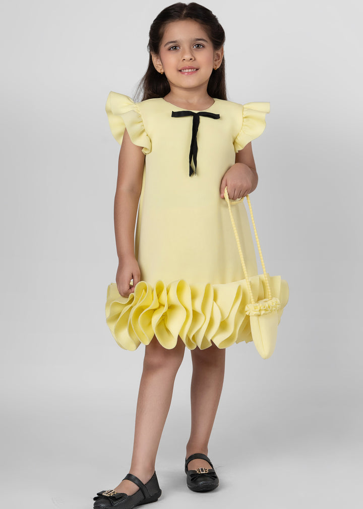 Yellow Bow Detailing Ruffle Neoprene Straight Dress