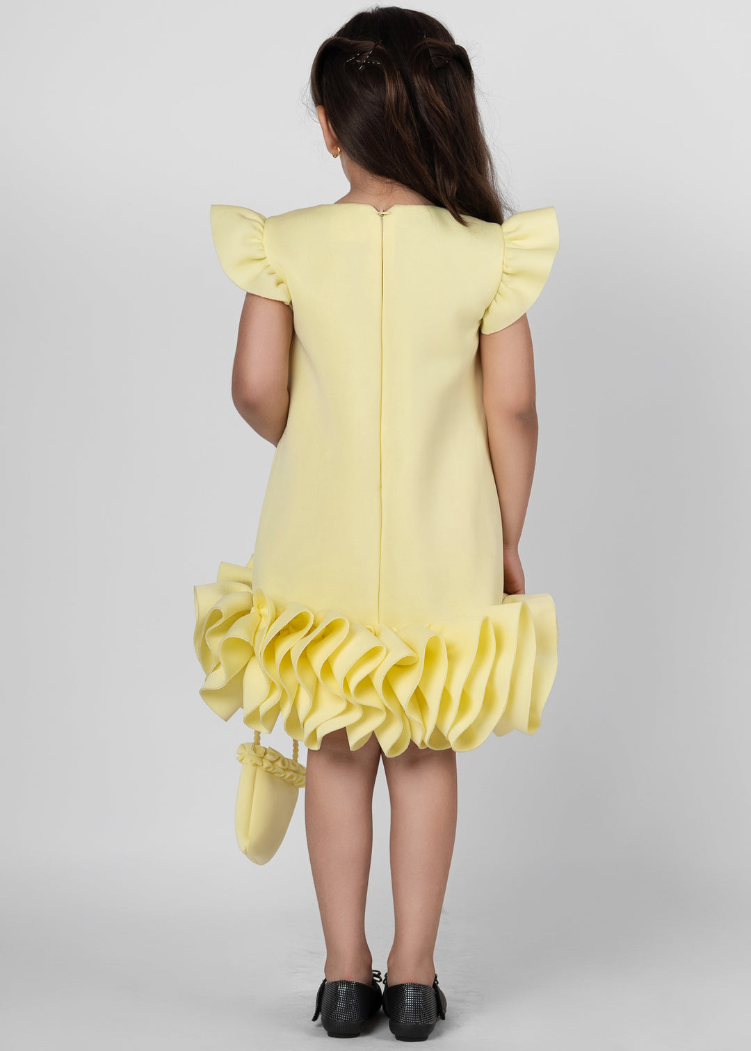 Yellow Bow Detailing Ruffle Neoprene Straight Dress