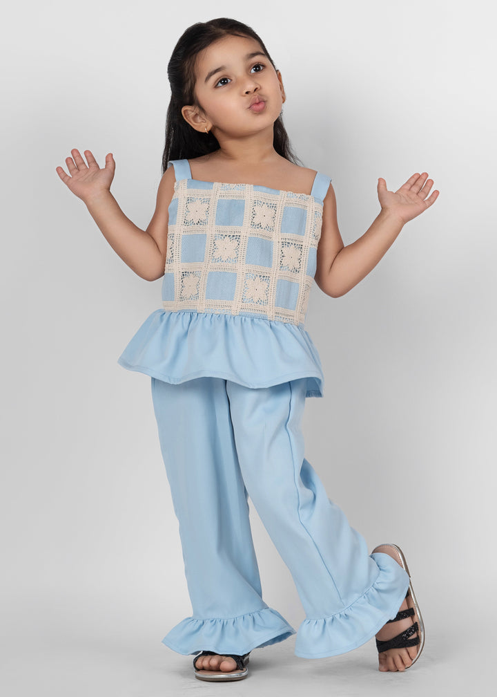 Sky Blue Banana Crepe Beautiful Sleeveless Top With Plain Pant Set
