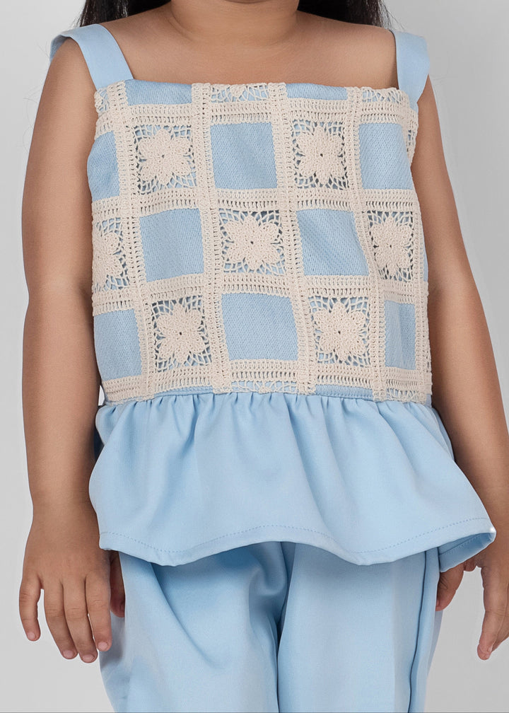 Sky Blue Banana Crepe Beautiful Sleeveless Top With Plain Pant Set