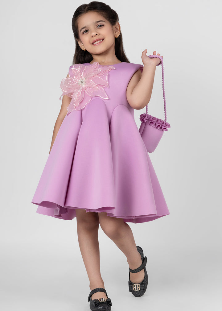 Mauvish Pink  Organza Handmade Flower Detailing  Neoprene Dress