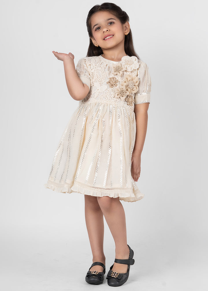 Off White Soft Cotton Handmade Flower Dress