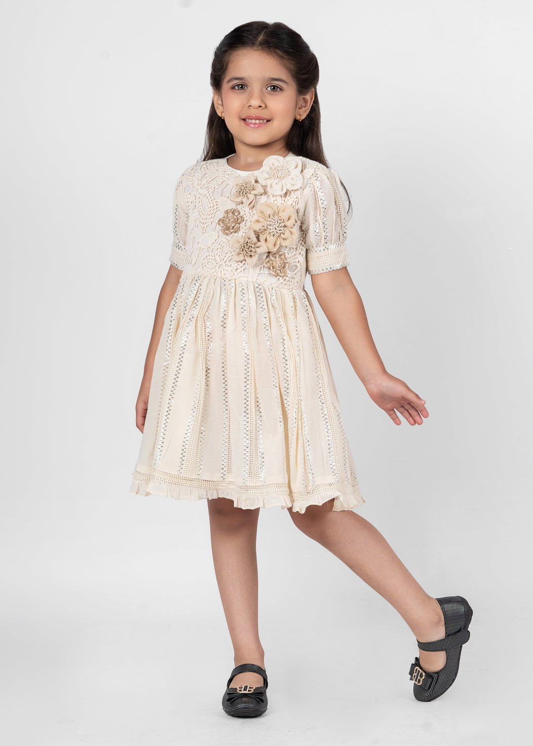 Off White Soft Cotton Handmade Flower Dress