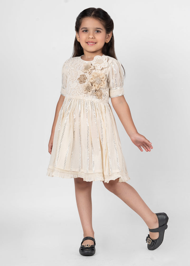Off White Soft Cotton Handmade Flower Dress
