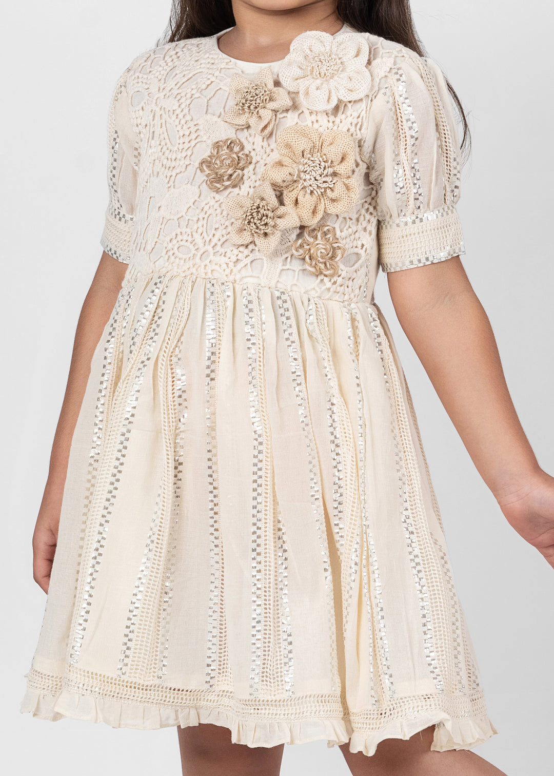 Off White Soft Cotton Handmade Flower Dress
