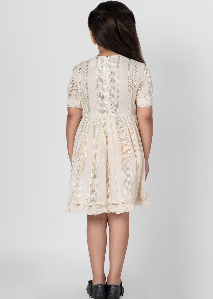 Off White Soft Cotton Handmade Flower Dress