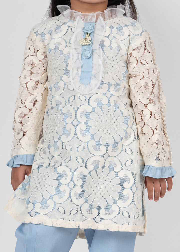 Sky Blue Organza Lace Detailing Kurta With Straight Pant Set