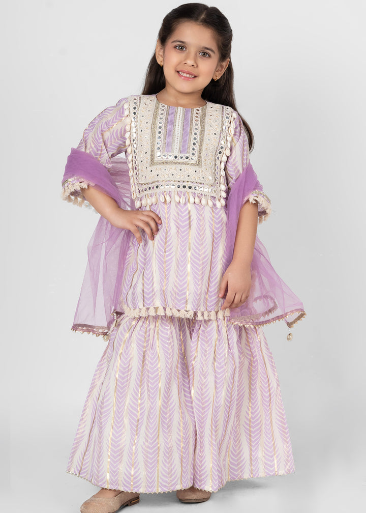 Lilac Cotton Lace Detailing Kurta Sharara With Dupatta Set