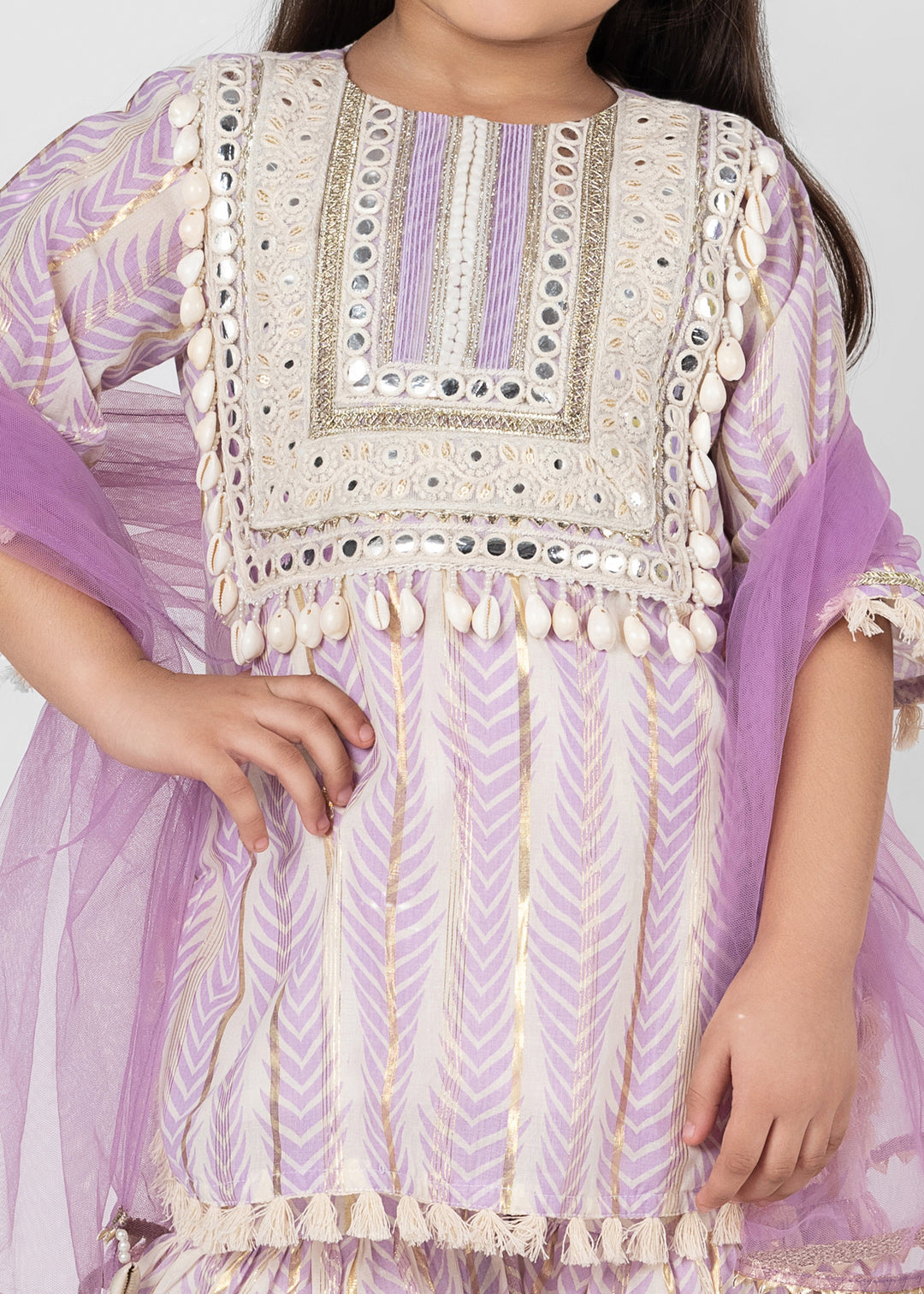 Lilac Cotton Lace Detailing Kurta Sharara With Dupatta Set