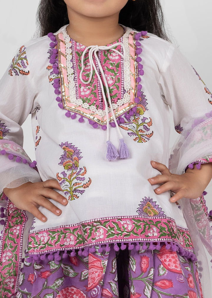 Mauve Block Printed Gota Detailing Kurta Lehenga With Dupatta Set