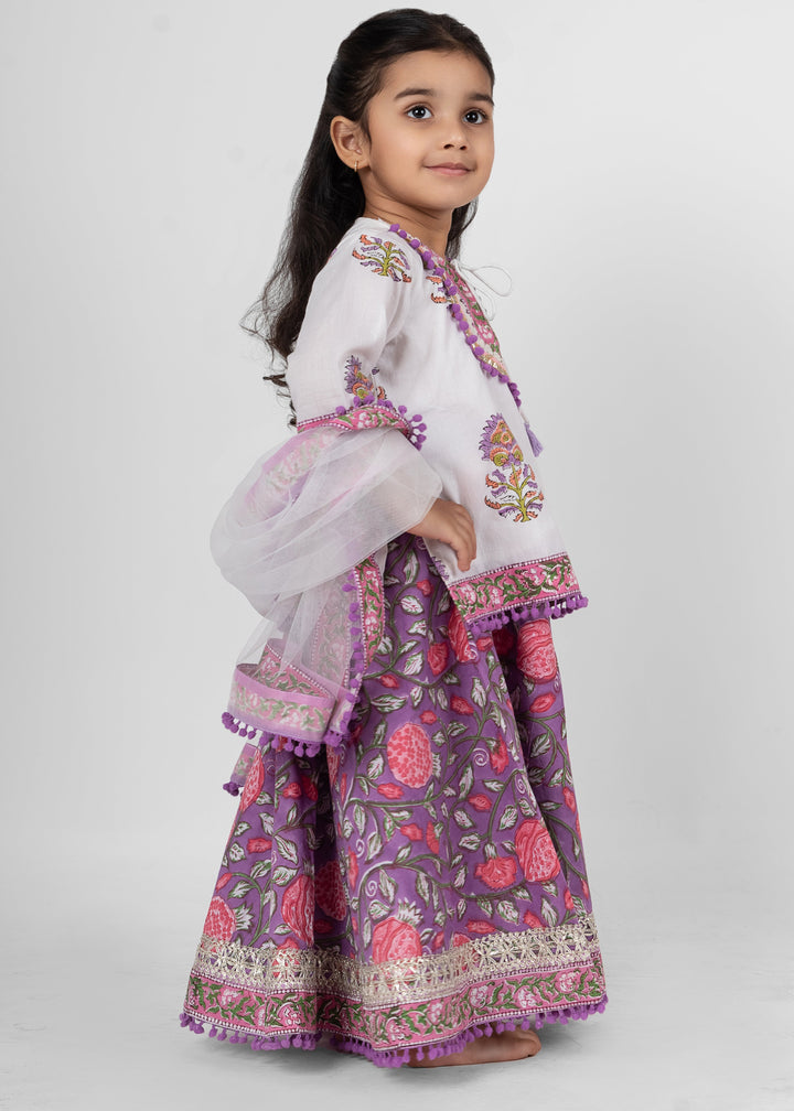 Mauve Block Printed Gota Detailing Kurta Lehenga With Dupatta Set
