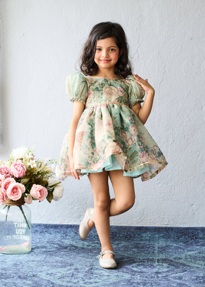 Pastel Green Floral Printed With Flared Design Frock
