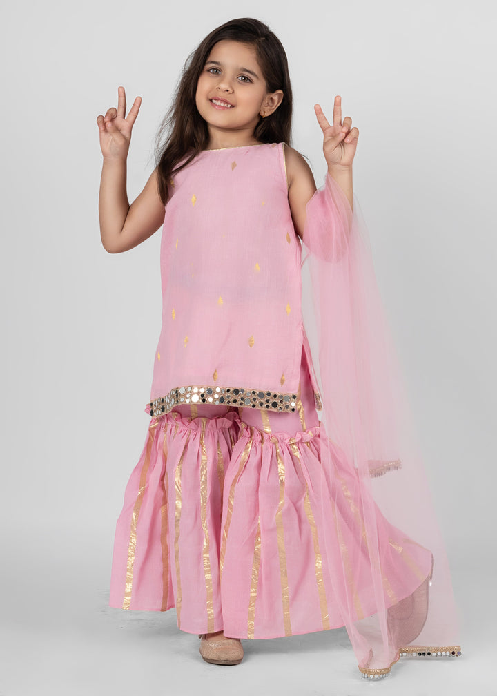 Pink Cotton Cut Sleeves Kurta Sharara With Dupatta Set