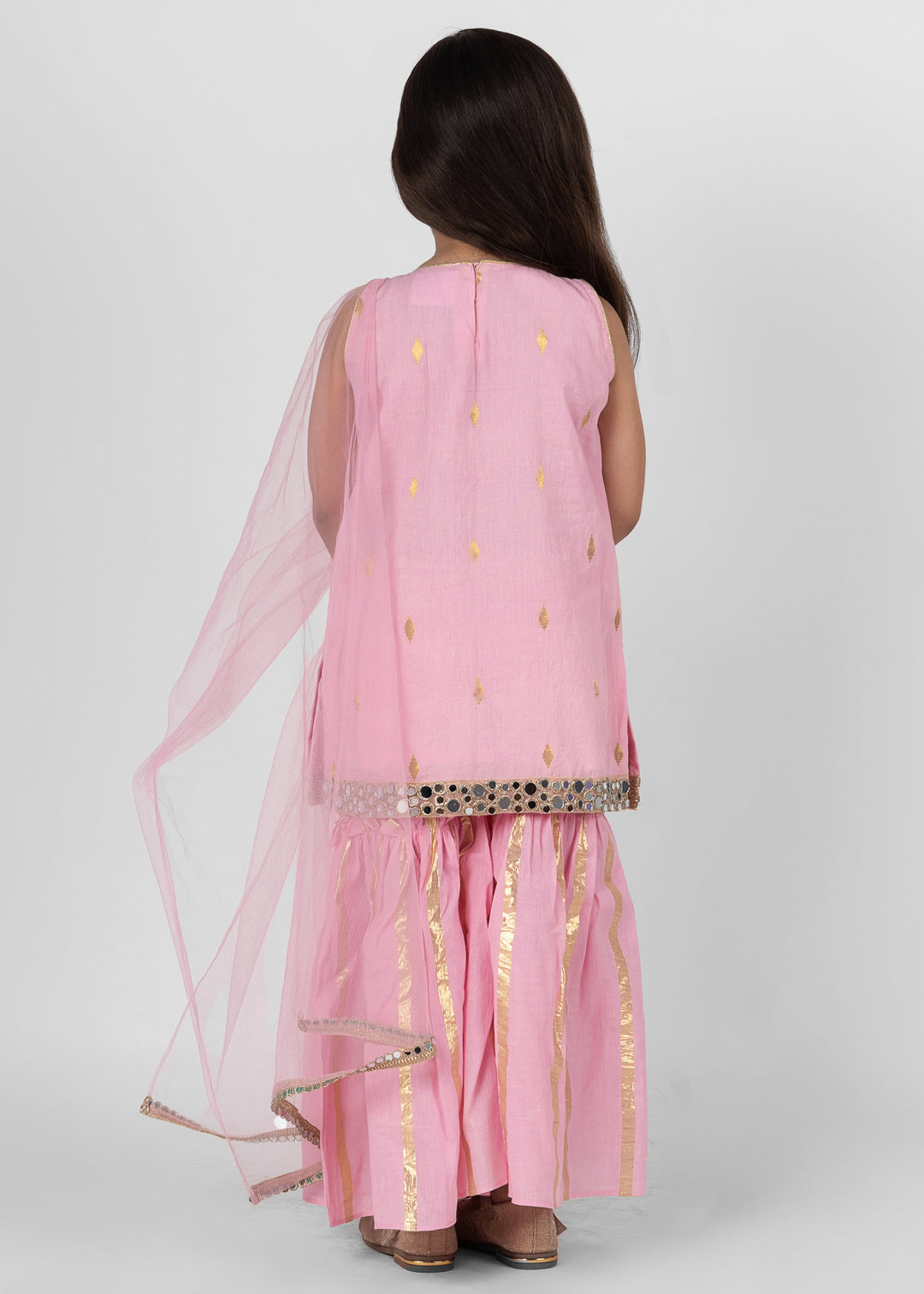 Pink Cotton Cut Sleeves Kurta Sharara With Dupatta Set