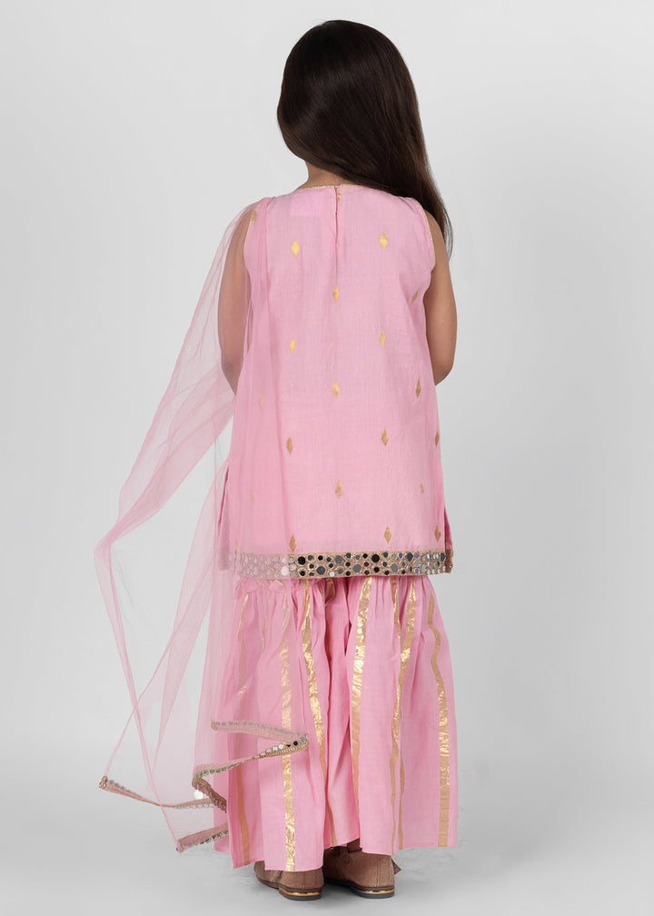 Pink Cotton Cut Sleeves Kurta Sharara With Dupatta Set