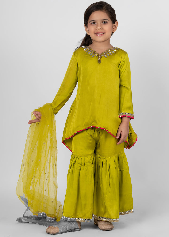 Green Mirror Detailing Kurta Sharara With Dupatta Set